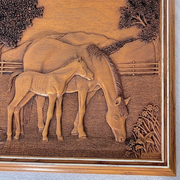 Vintage  Creative Carvings Kim Murray Horse Landscape Carving Wood Wall Art - Picture 9 of 15